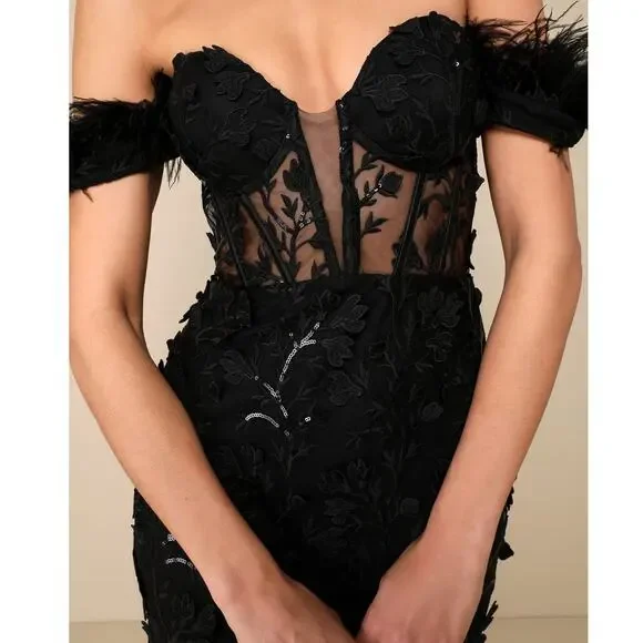 NEW Lulus Midnight Sparkle Black Embroidered Feather Bustier Maxi Dress XS - Picture 2 of 13